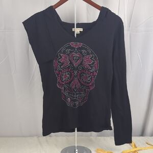 Zenana Outfitters Black Long-Sleeve Hoodie Top with Pink Rhinestone Sugar Skull